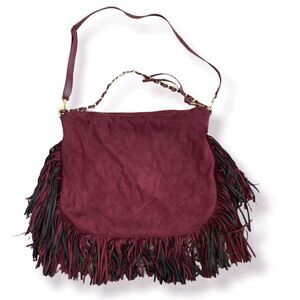 Express Maroon Gold Wine Faux Suede Fringe Hobo Tassel Shoulder Bag Purse 70s